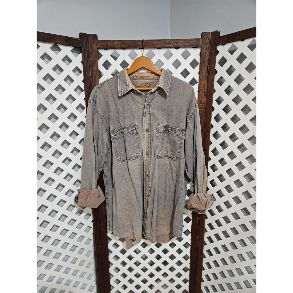 Vtg Calvin Klein Gray Wash Denim Button Shirt Men's Faded Grunge Distressed, Lar